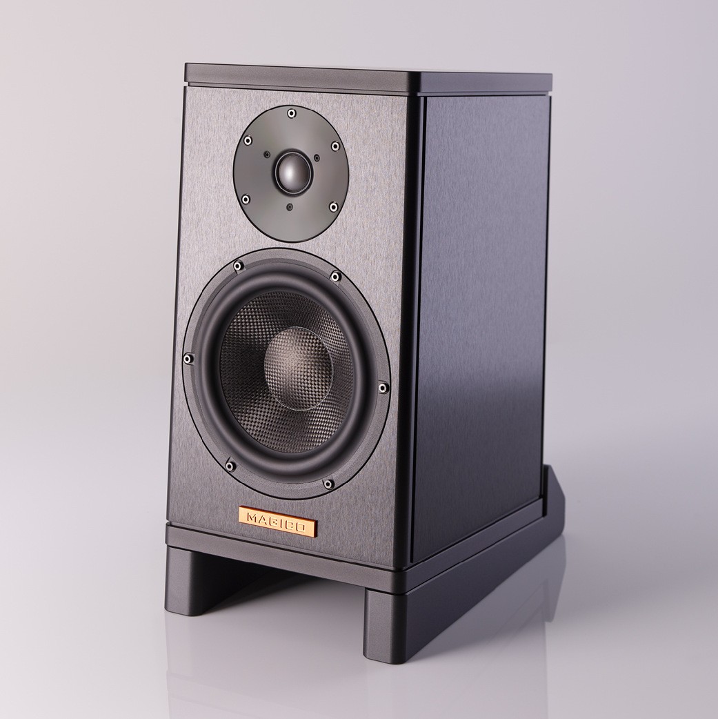 Magico A1 speaker can be stand-monted or placed on a desk mount which is shown above.